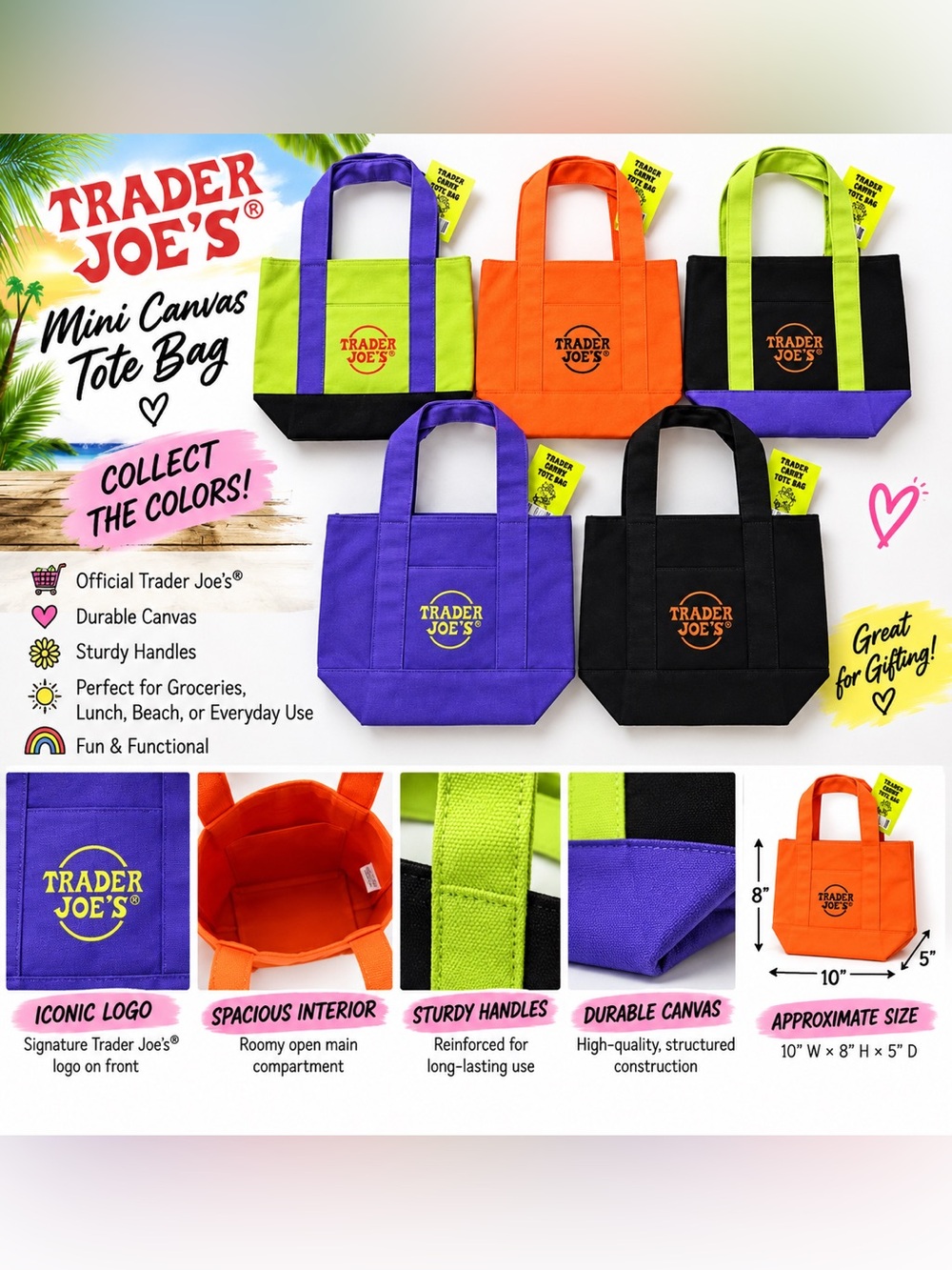 🍁🎃 Full Set of 5! Trader Joe’s Mini Canvas Tote Bags – Colorful Collectible Bags